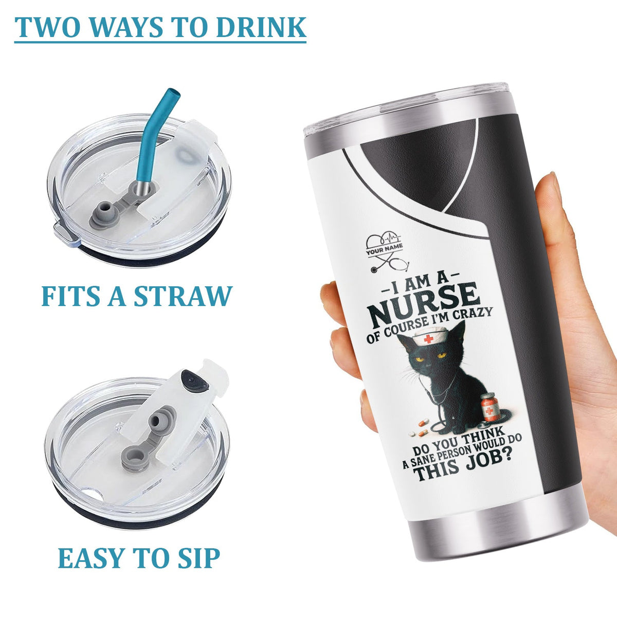Funny Nurse Tumbler with Black Cat - Personalized 20oz Stainless Steel Cup - Gift for Nurses