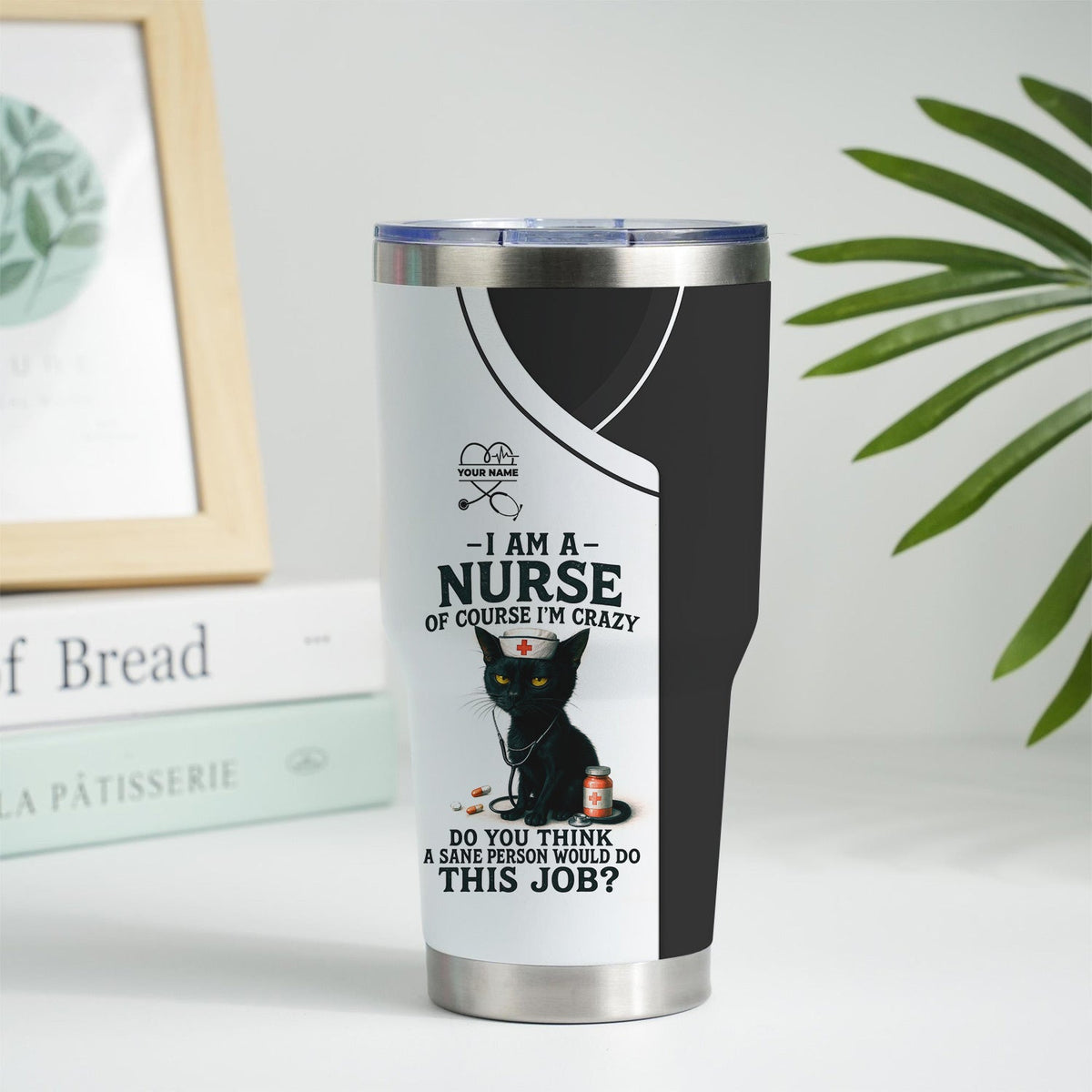 Funny Nurse Tumbler with Black Cat - Personalized 20oz Stainless Steel Cup - Gift for Nurses
