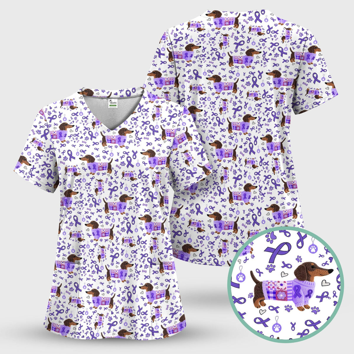 Purple Ribbon Dachshund Nurse Scrub Top