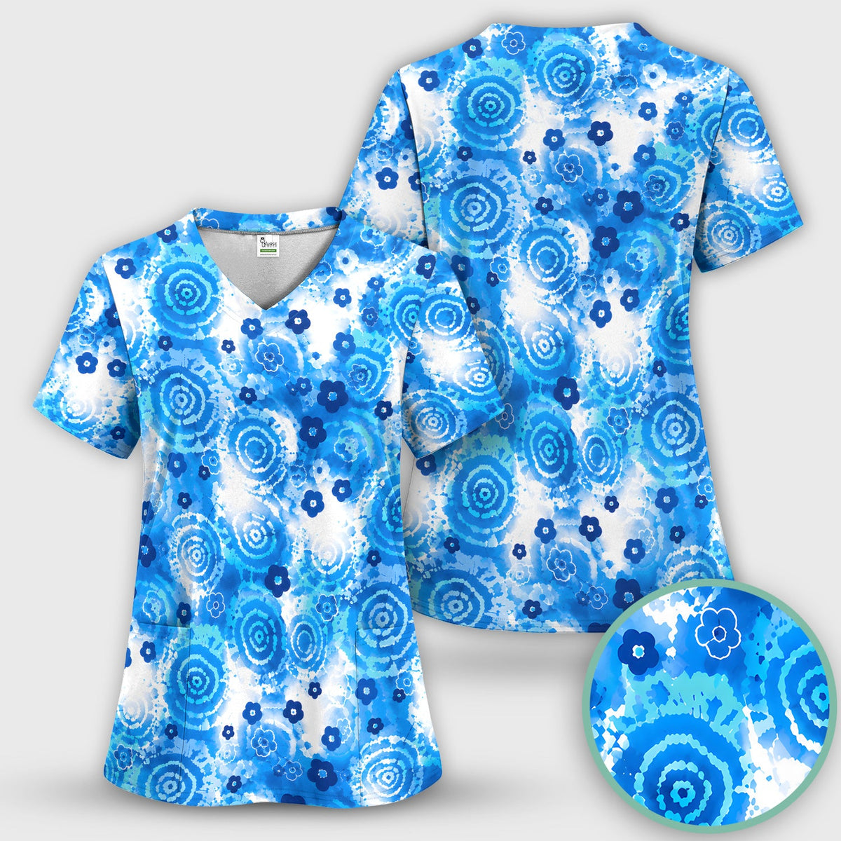 Blue Floral Spiral Nurse Scrub Top