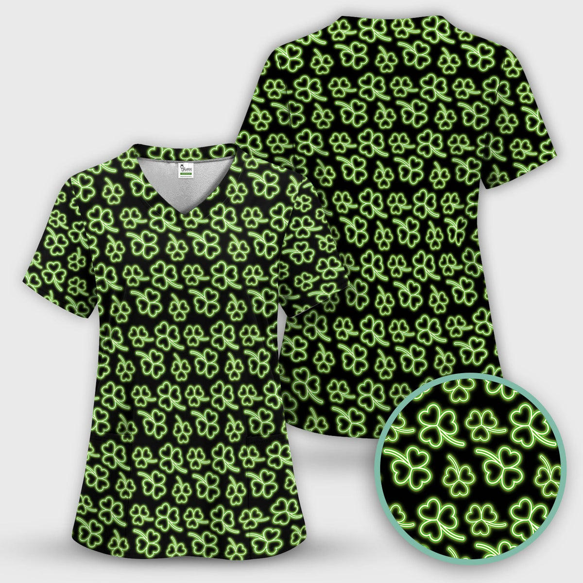 Neon Shamrock Nurse Scrub Top, St. Patrick’s Day Glow Green Pattern Pattern Shirt,  Breathable Fabrics Nursing Uniform