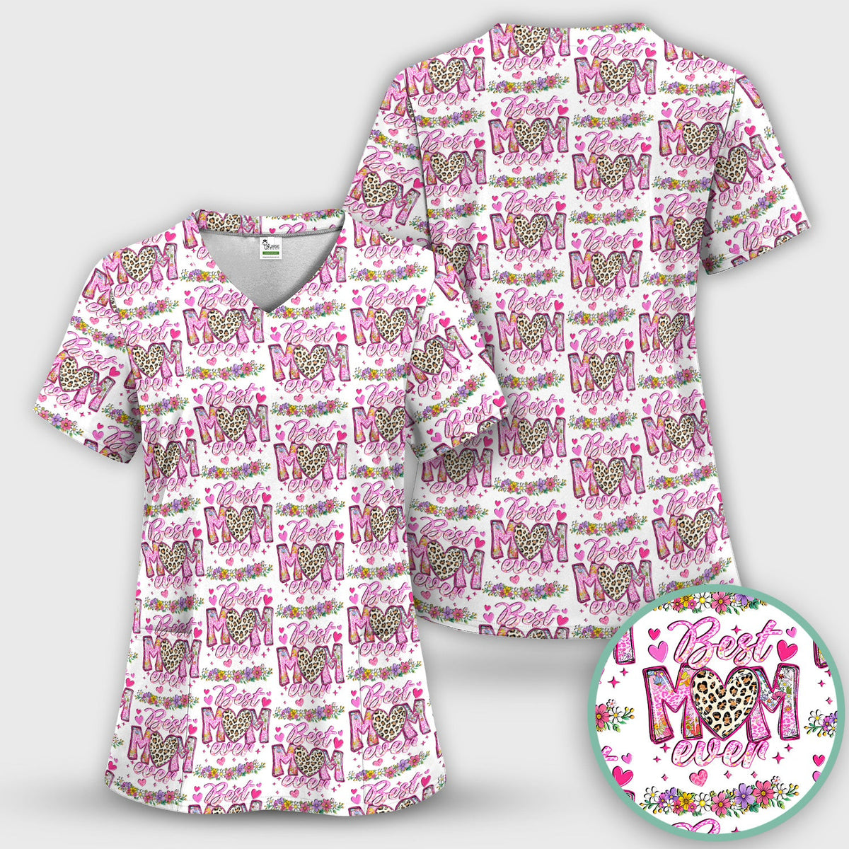 Best Mom Ever Leopard Heart Nurse Scrub Top