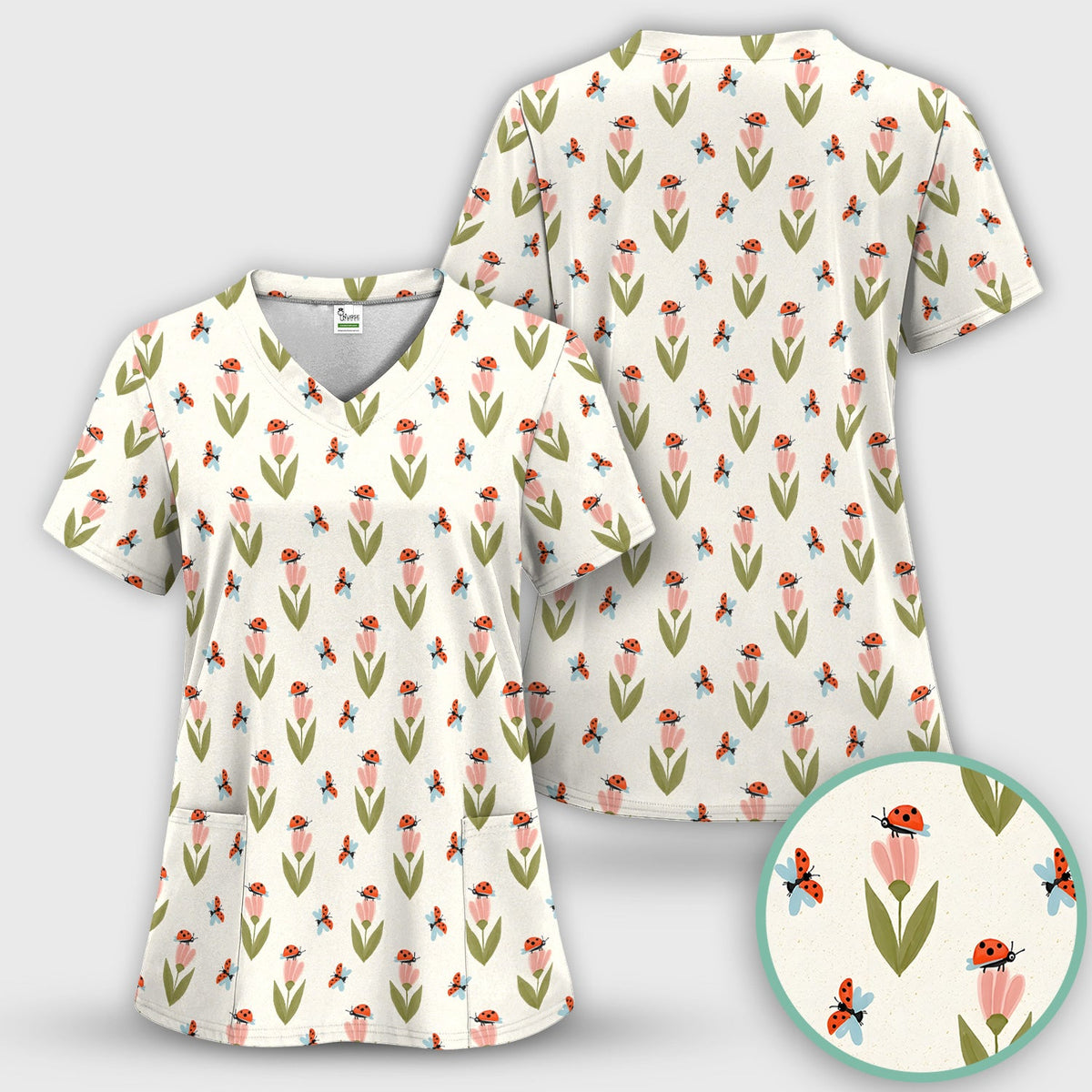 Ladybug Tulip Floral Nurse Scrub Set
