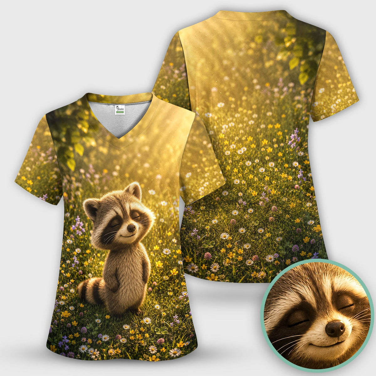 Smiling Raccoon Meadow Flower Nurse Scrub Top