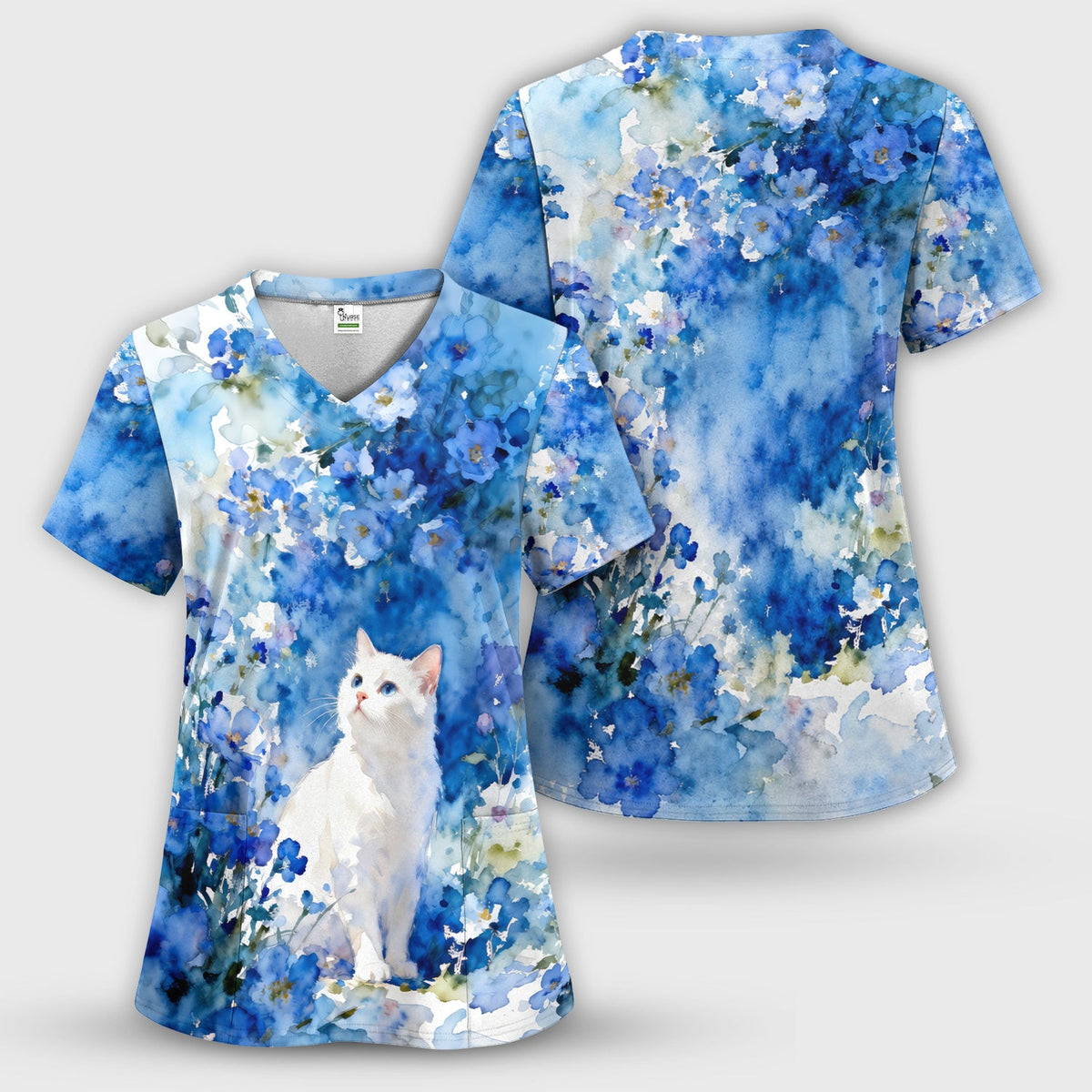 Adorable Blue Floral White Cat Nurse Scrub Set