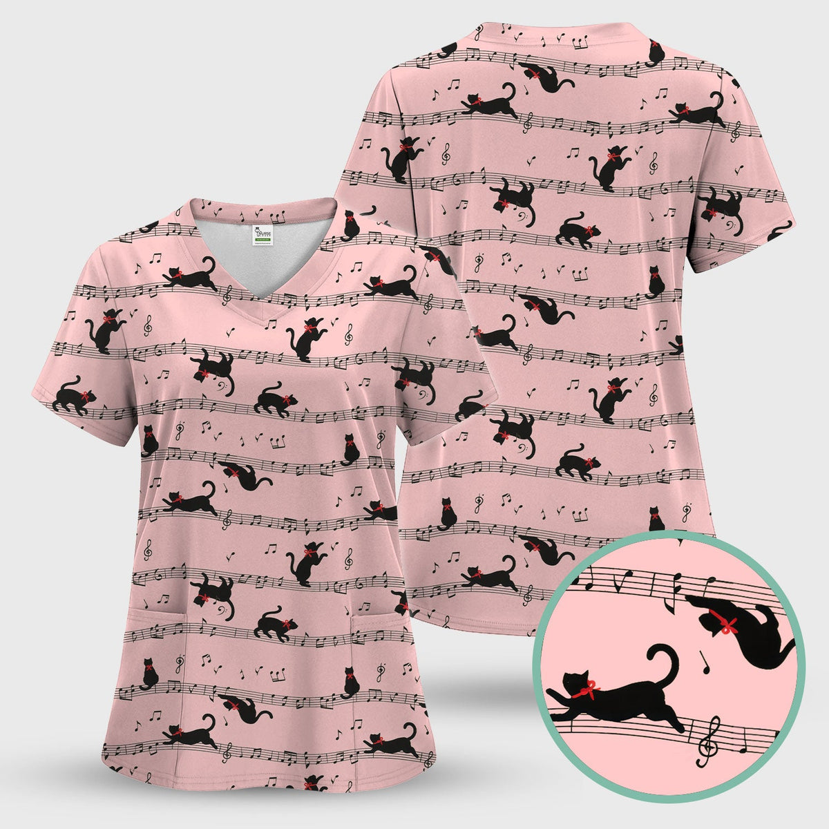 Dancing Black Cat Music Nurse Scrub Top