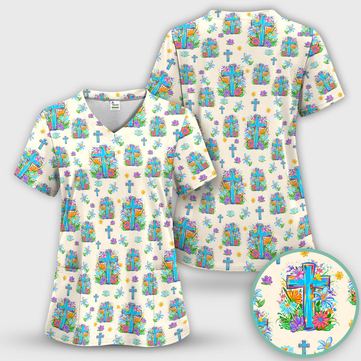 Christian Floral Cross Spring Pattern Scrub Top, Comfortable Scrubs for Nurses