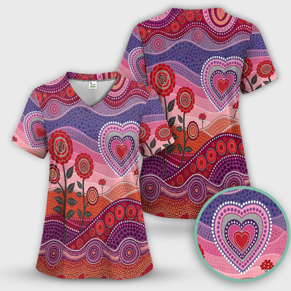Boho Dot Art Valentine Scrub Set, Artistic Heart Pattern Nurse Shirt, Comfortable Scrubs For Nursing