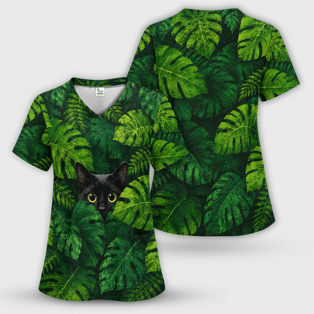 Hidden Black Cat Nurse Scrub Top