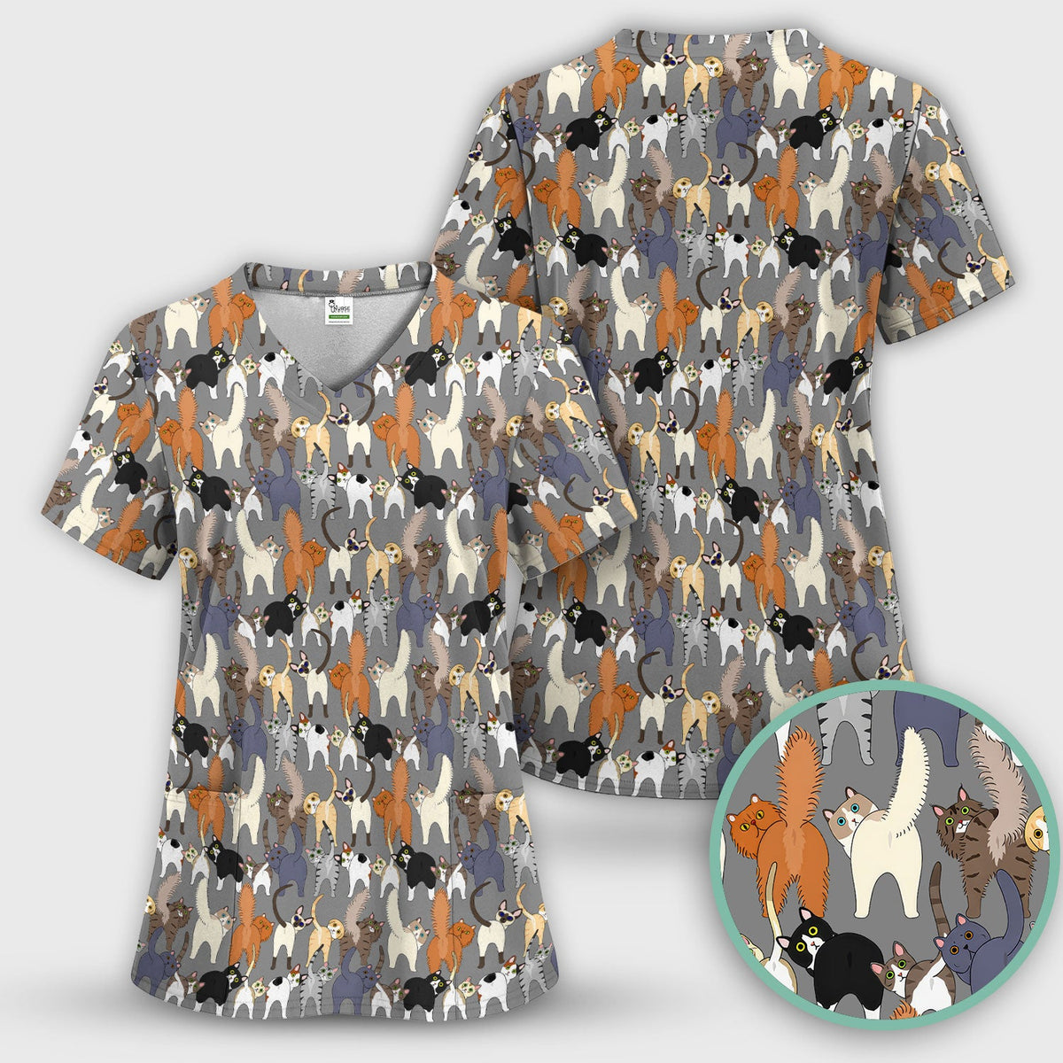 Whimsical Multicolor Cat Cartoon Nurse Scrub Top
