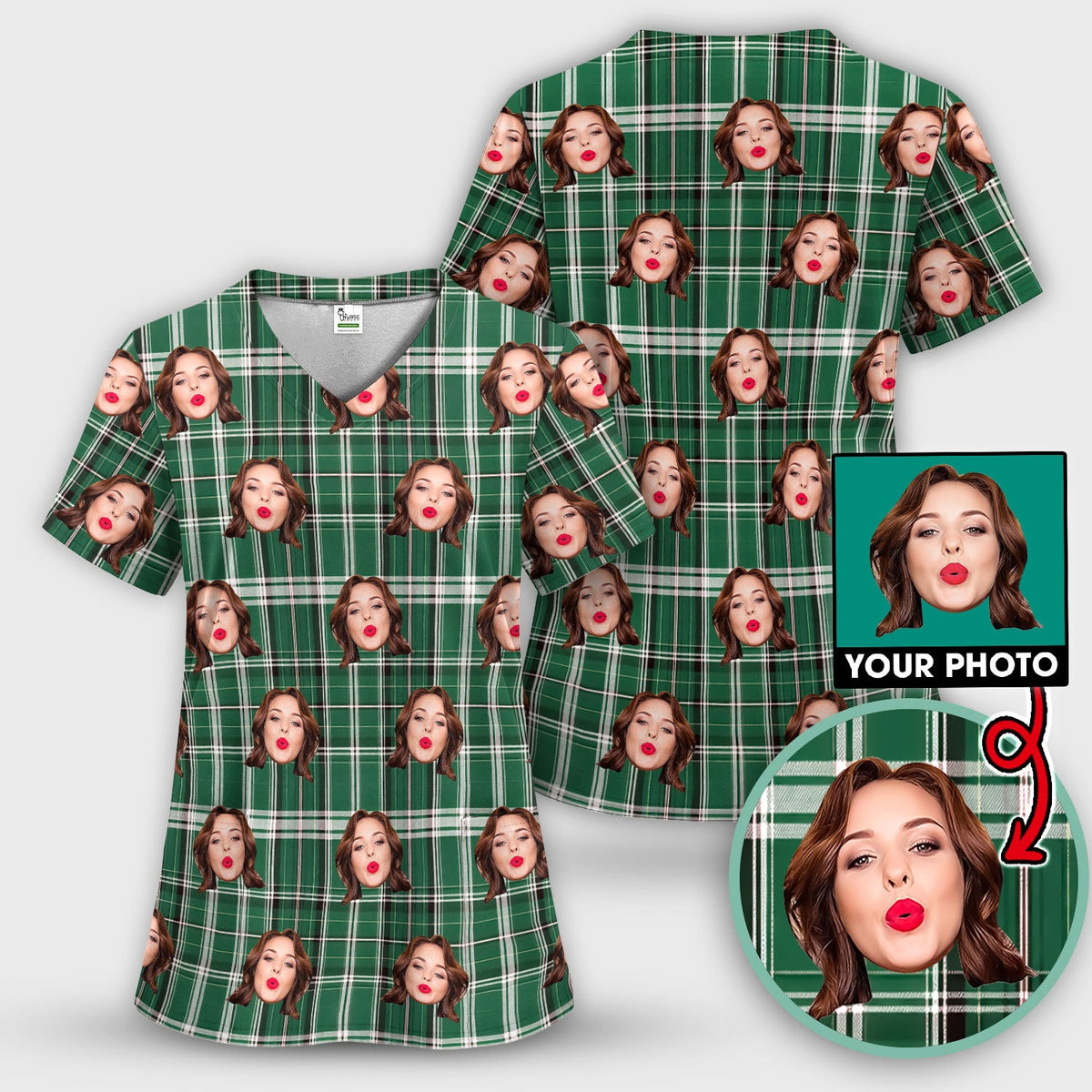 Personalized Photo Plaid Nurse Scrub Set