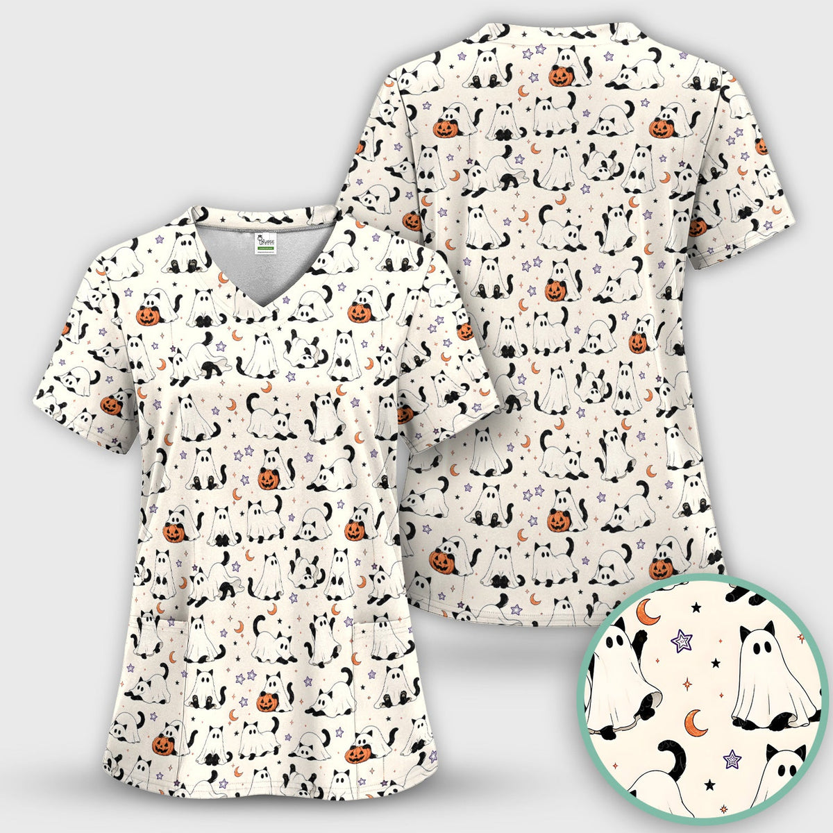 Ghost Cats Pumpkins Nurse Scrub Top - Halloween Gift
