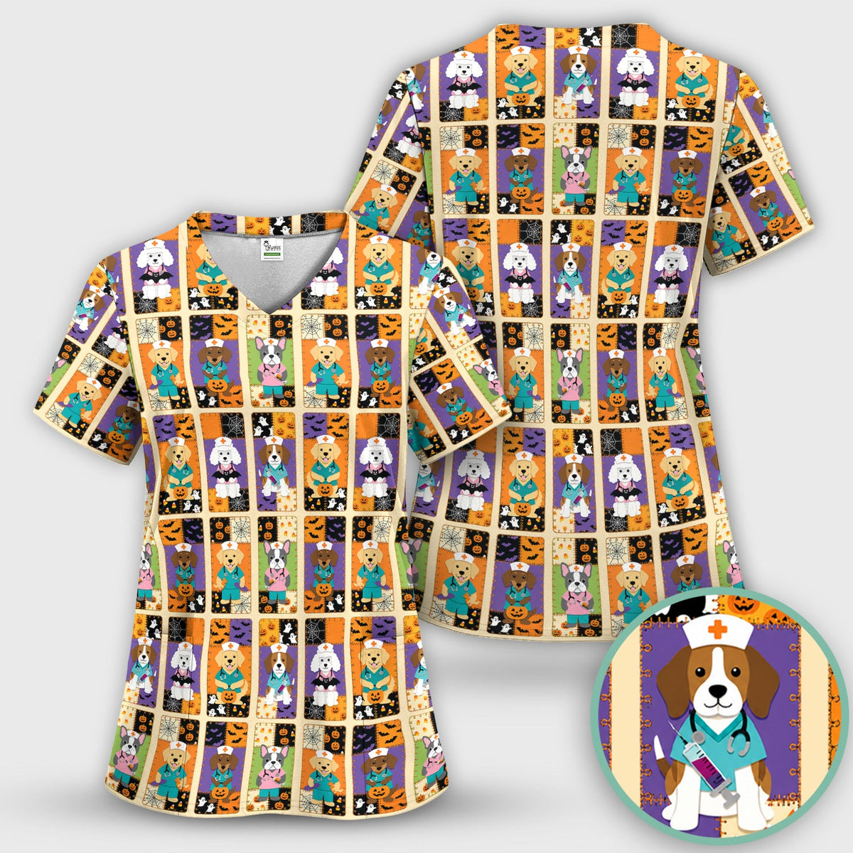 Spooky Dog Veterinary Nurse Scrub Top