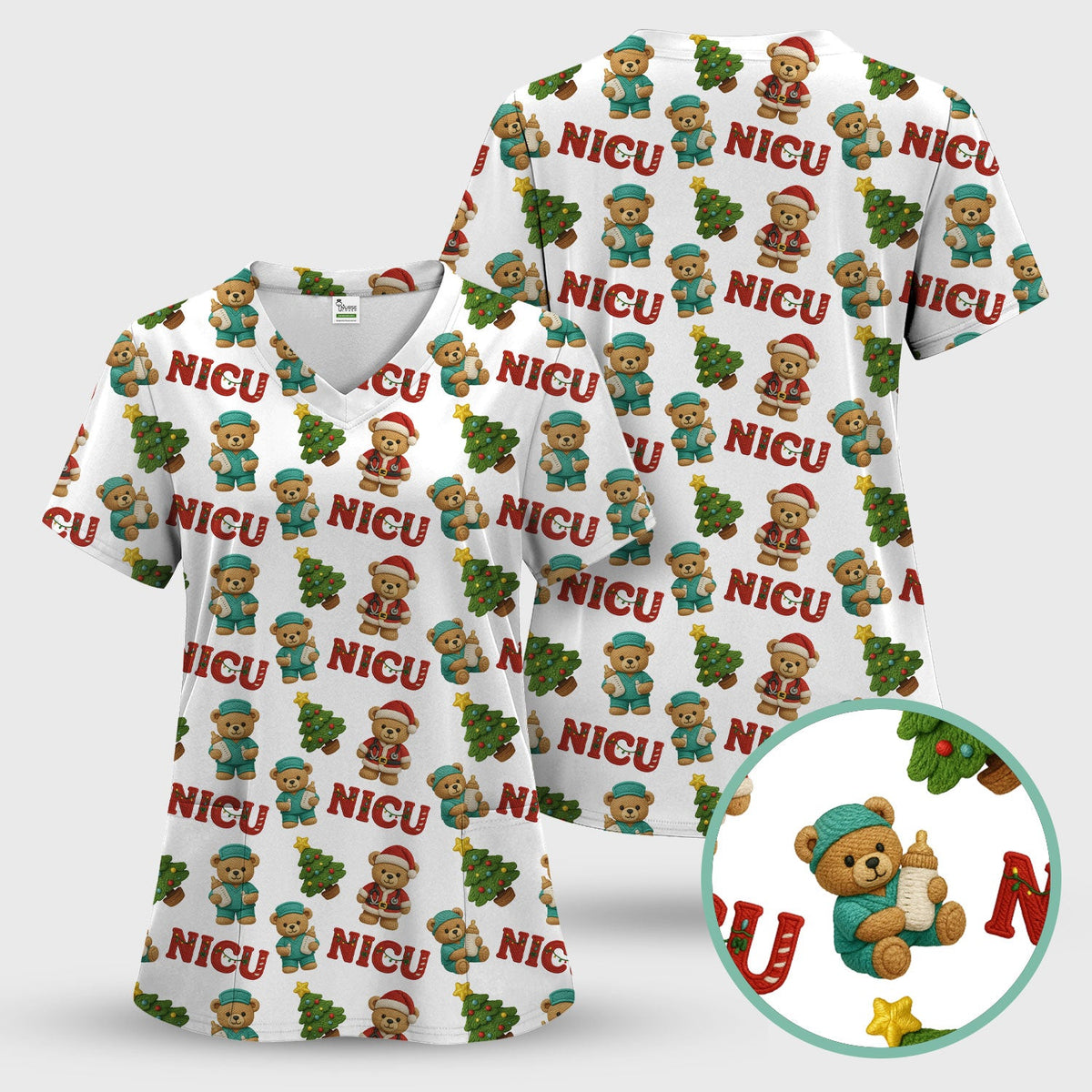 NICU Nurse Teddy Bear Scrub Top - Christmas Gift