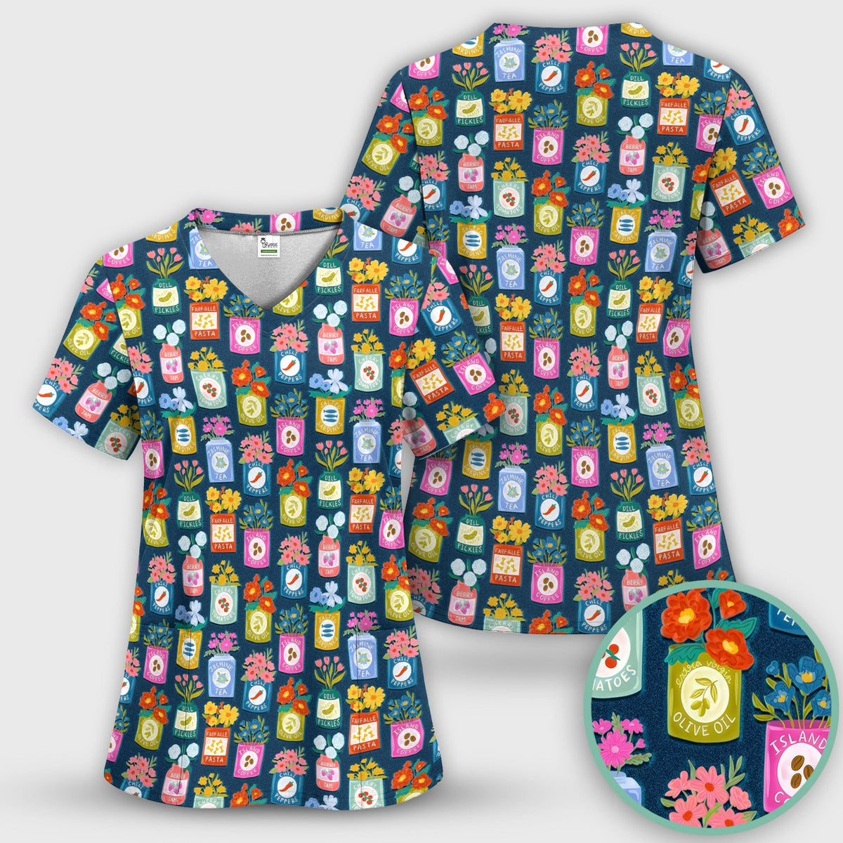 Colorful Pantry Jars Flowers Nurse Scrub Set