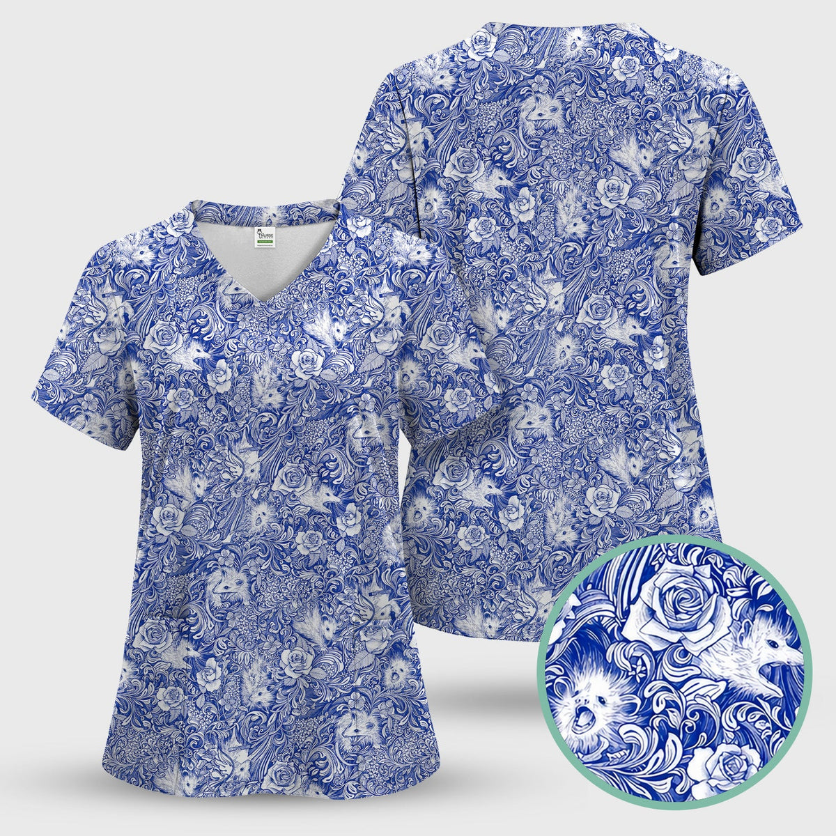 Blue Toile Opossum Floral Nurse Scrub Set