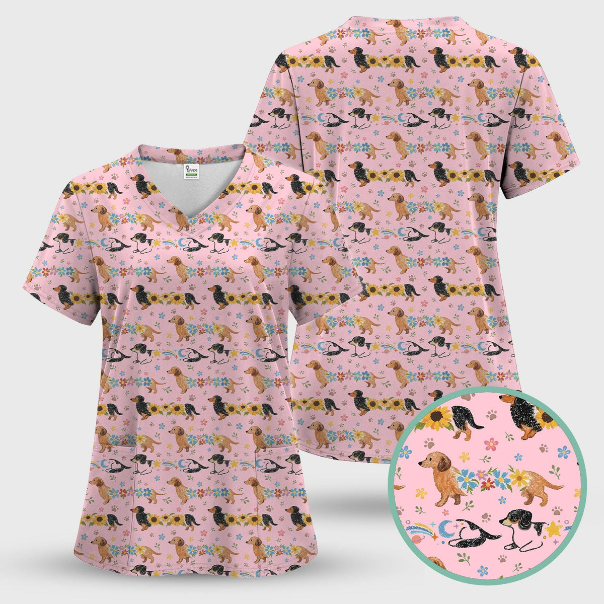 Floral Wiener Dog Nurse Scrub Top