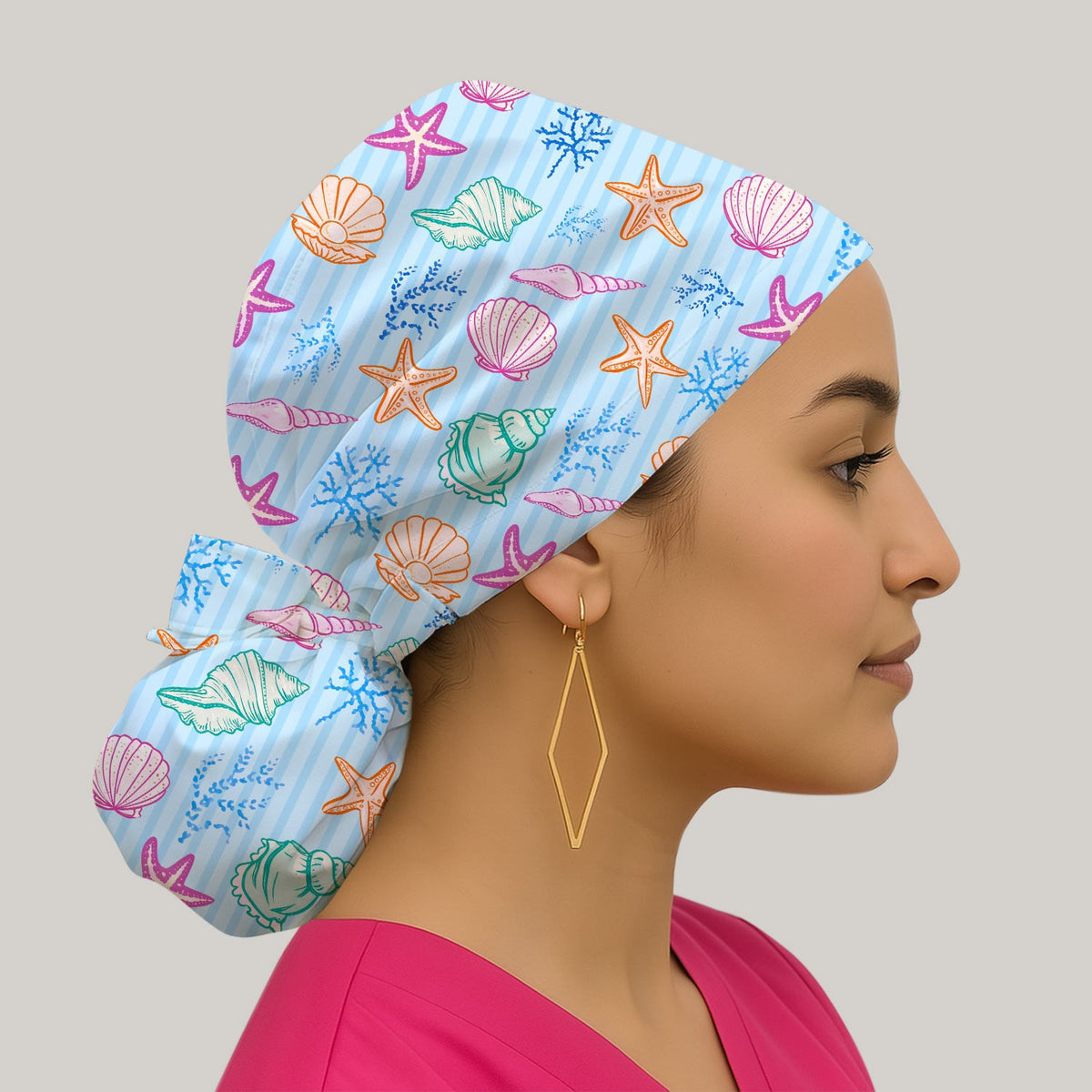 Colorful Seashell Starfish Ocean Stripe Scrub Cap