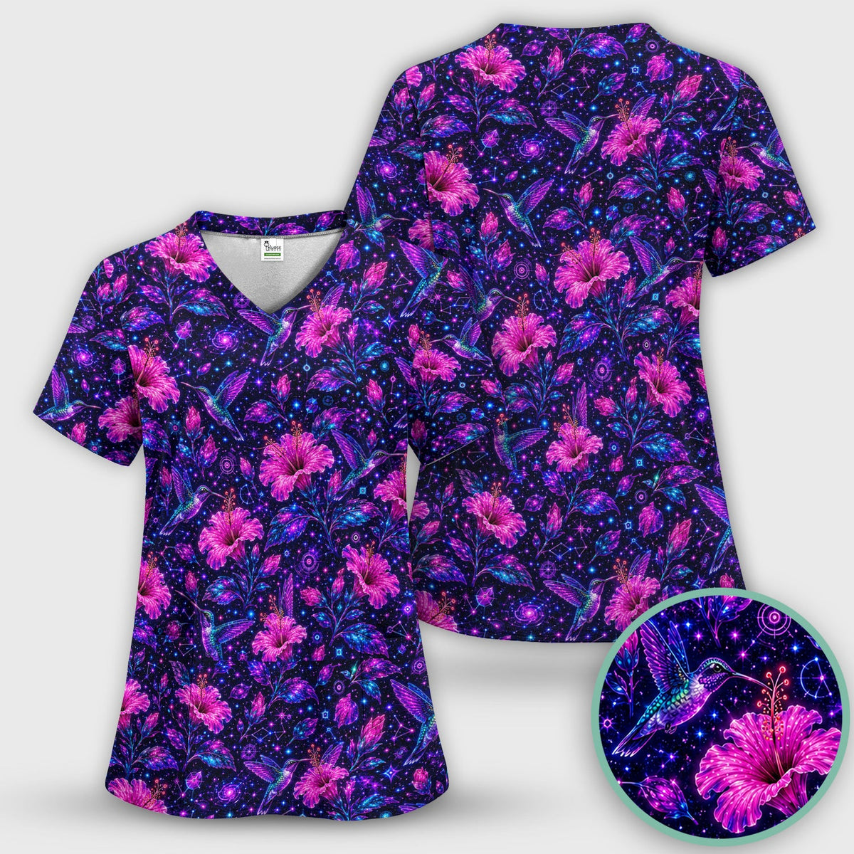 Galaxy Floral Hummingbird Nurse Scrub Top