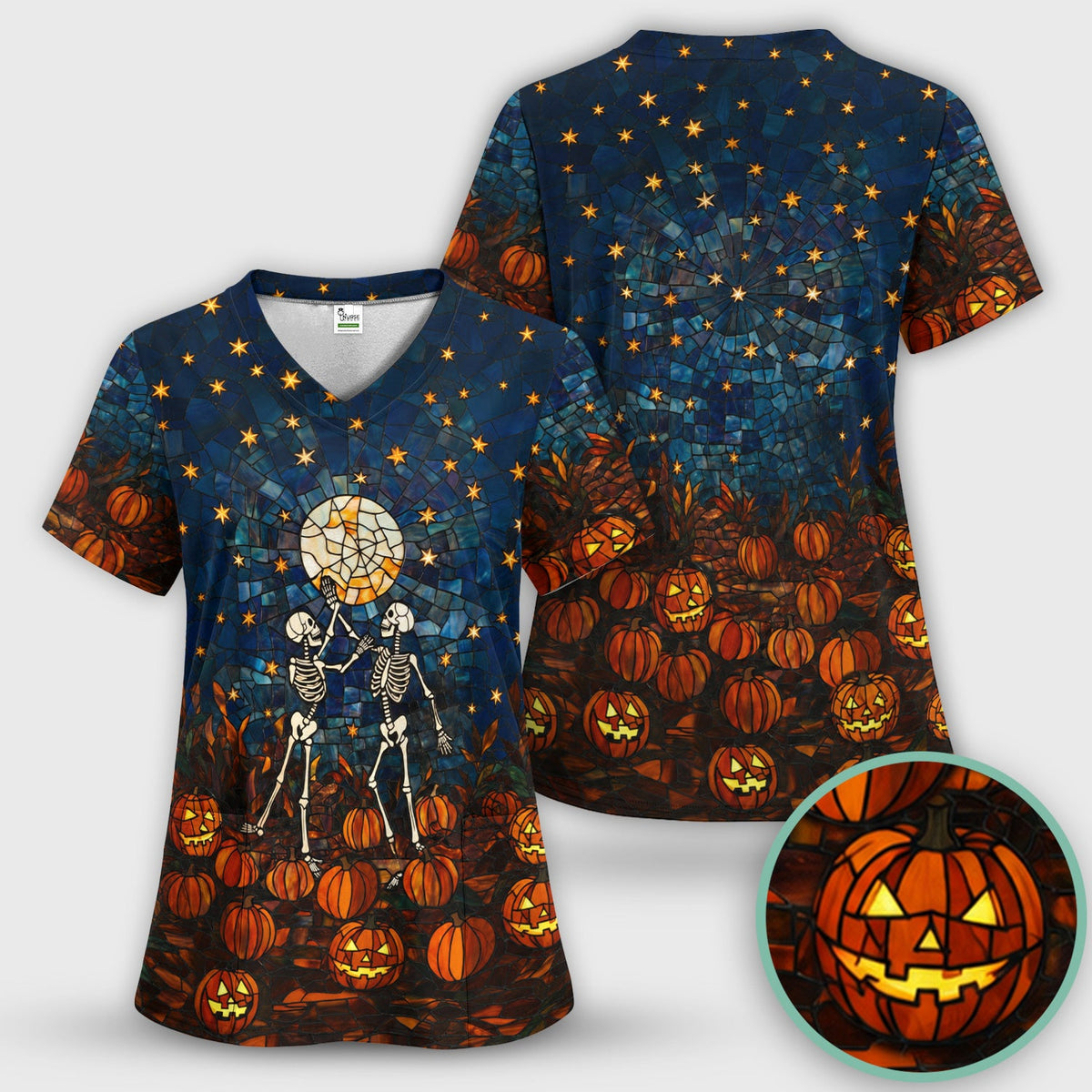 Skeleton Pumpkin Patch Nurse Scrub Set - Halloween Gift