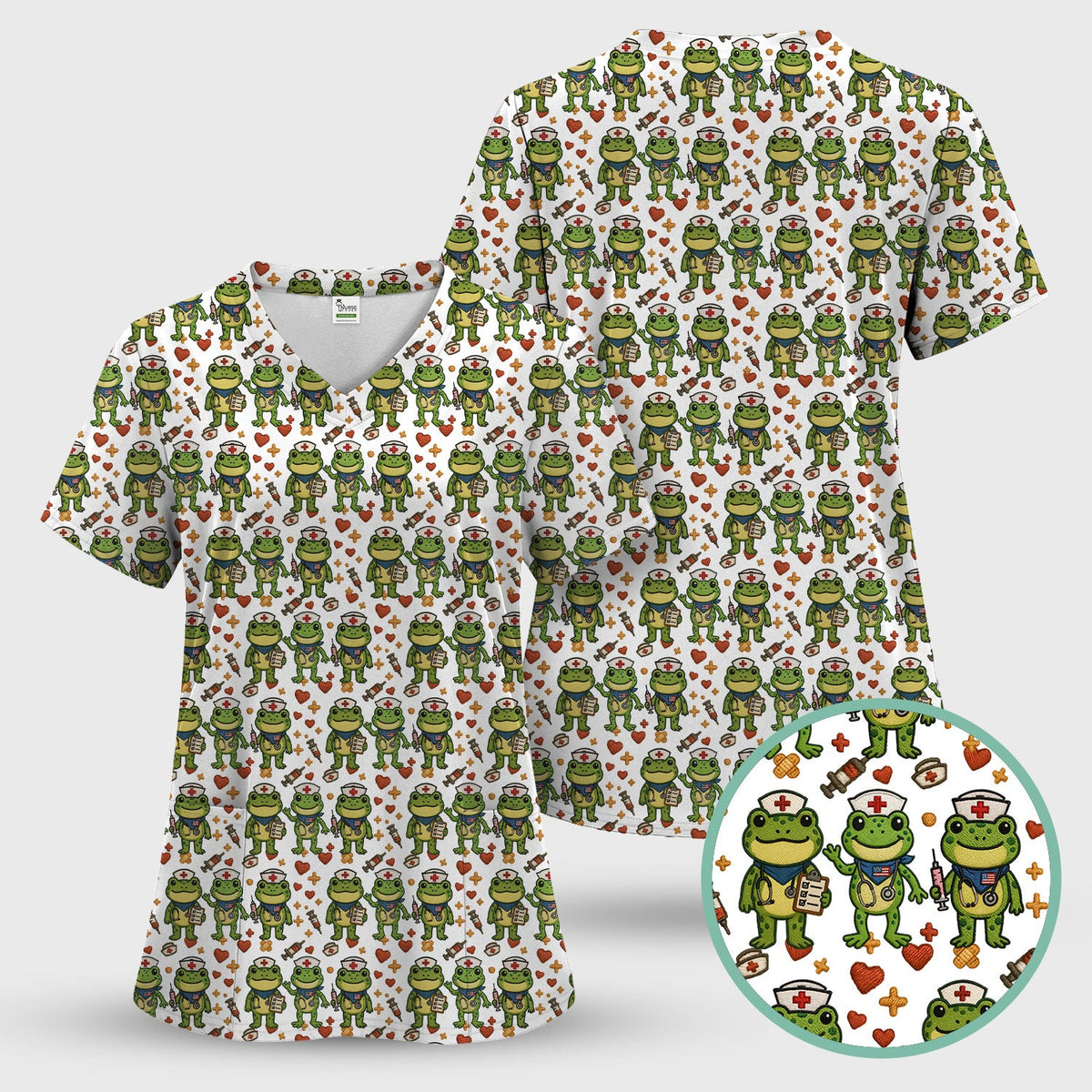 Frog Pattern Scrub Top, Cute Frog Scrub Shirt, Breathable Fabrics Nursing Uniform