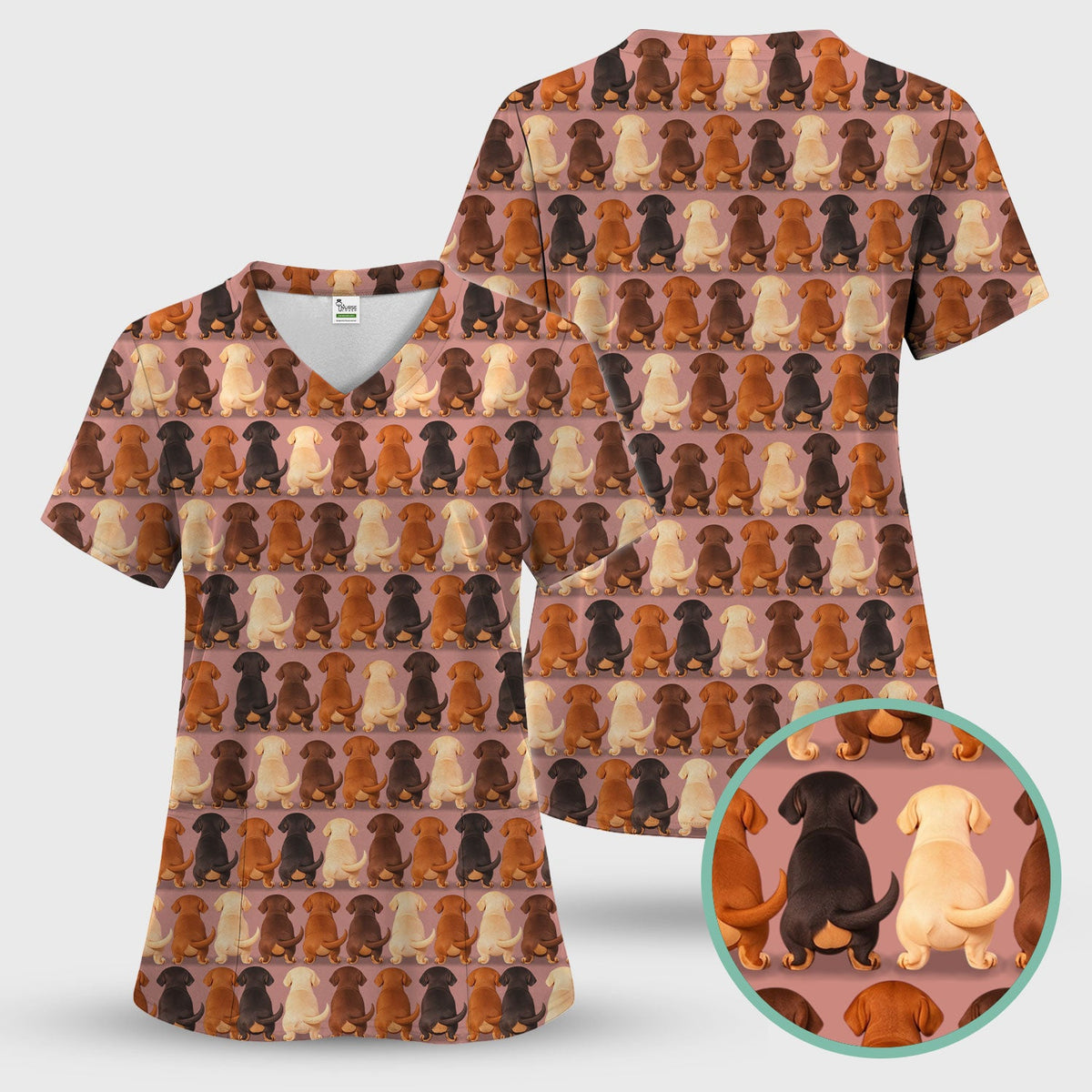 Scrub Set: Cute Dachshund Butt Pattern All Over Print Scrubs Set, Breathable Med Uniform