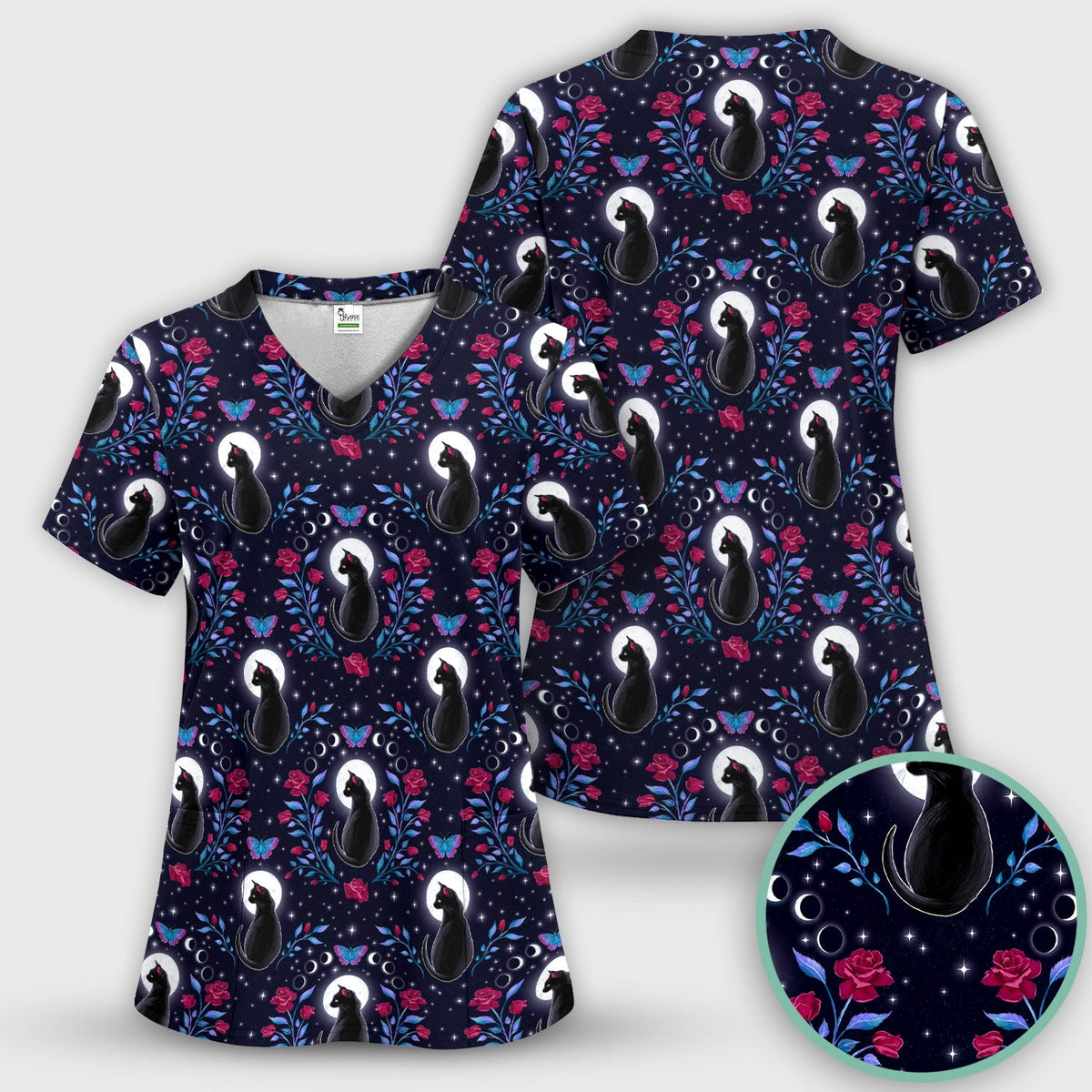 Black Cat Moon Rose Nurse Scrub Set