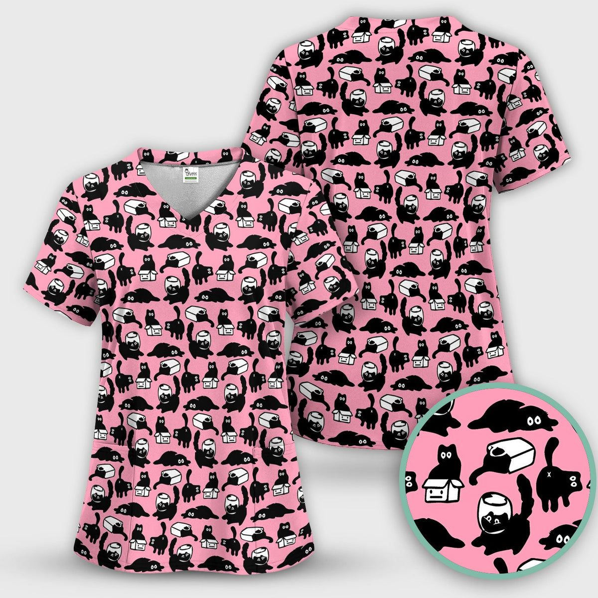 Dark Playful Cat Nurse Scrub Top