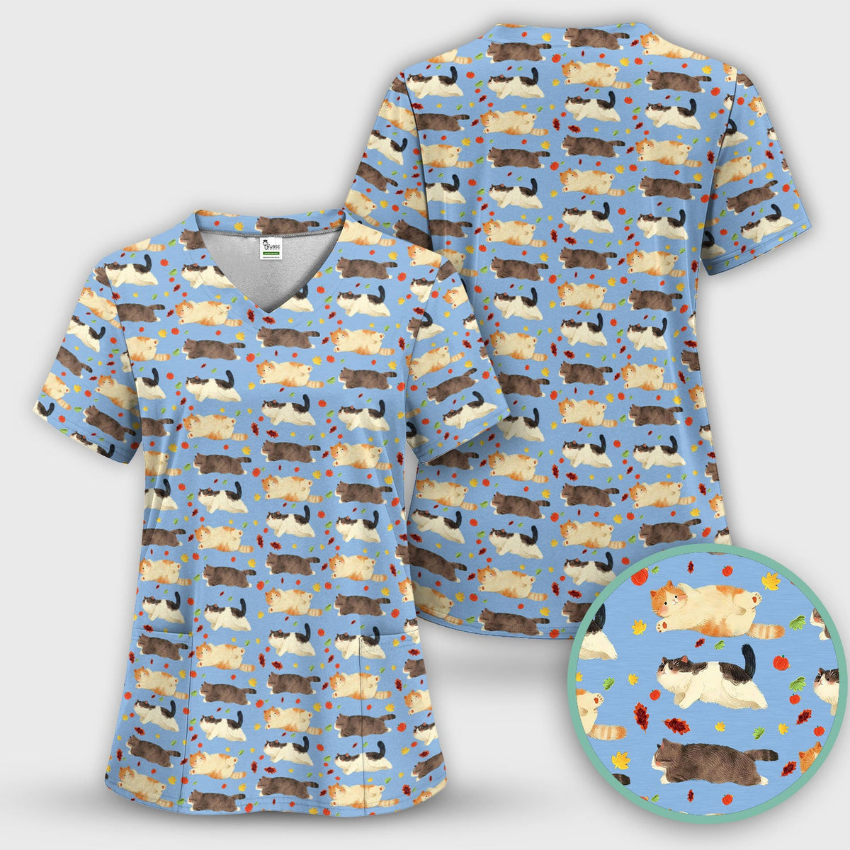 Chubby Cat Autumn Leaves Nurse Scrub Top