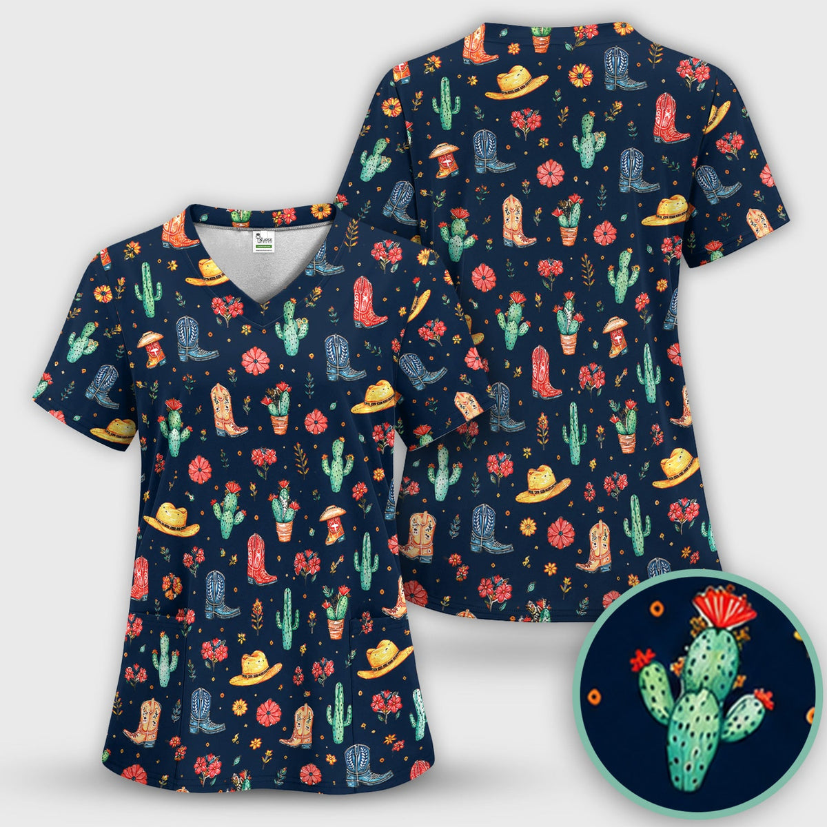 Whimsical Western Cactus Boots Pattern Scrub Top, Breathable Fabrics Nursing Uniform