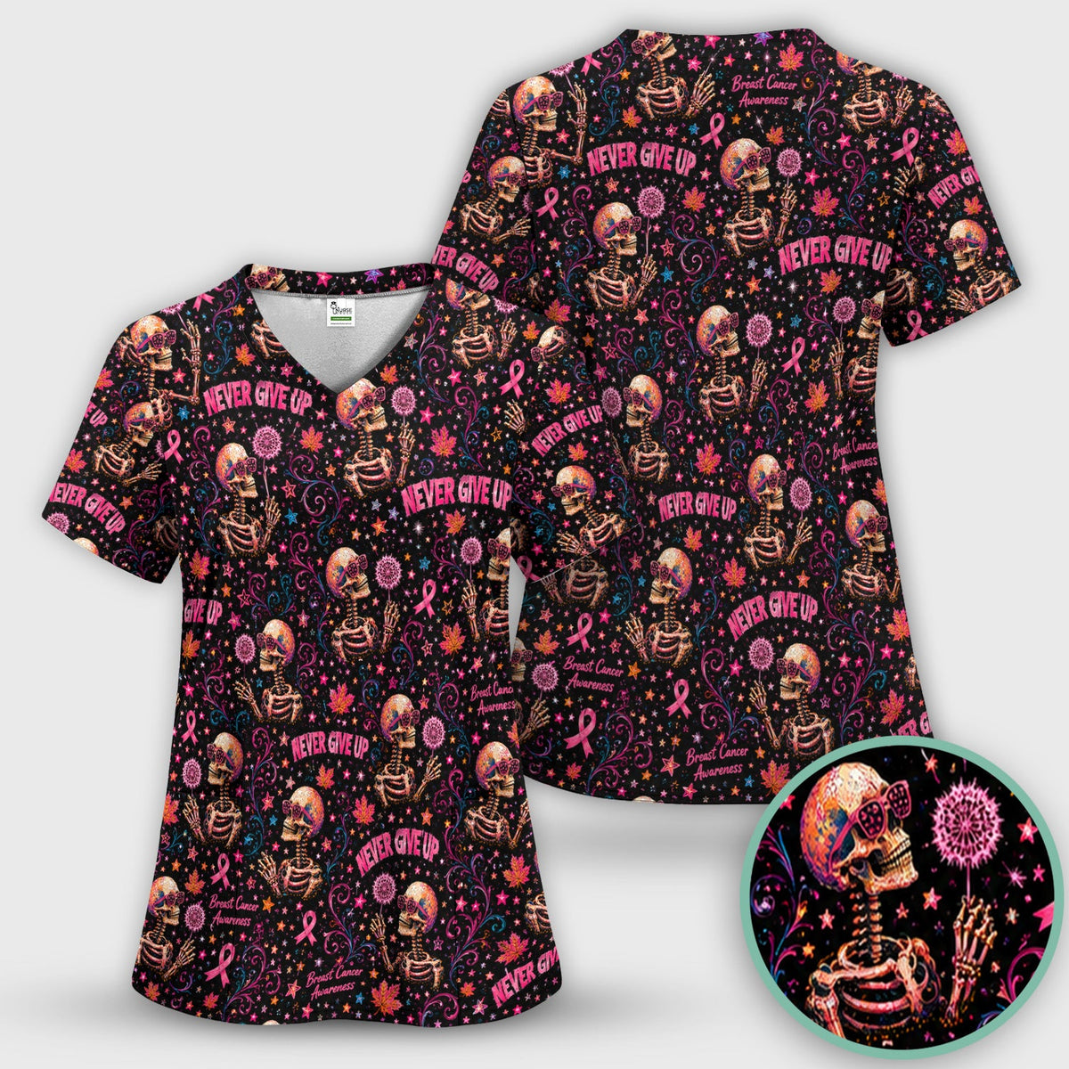 Breast Cancer Awareness Skeletons Nurse Scrub Top