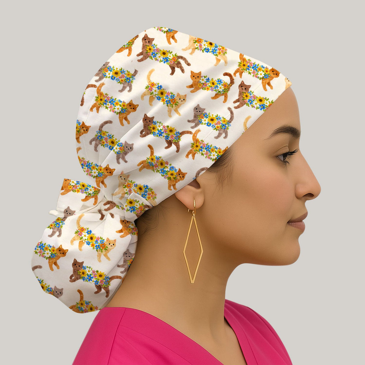 Flower Filled Cat Scrub Cap