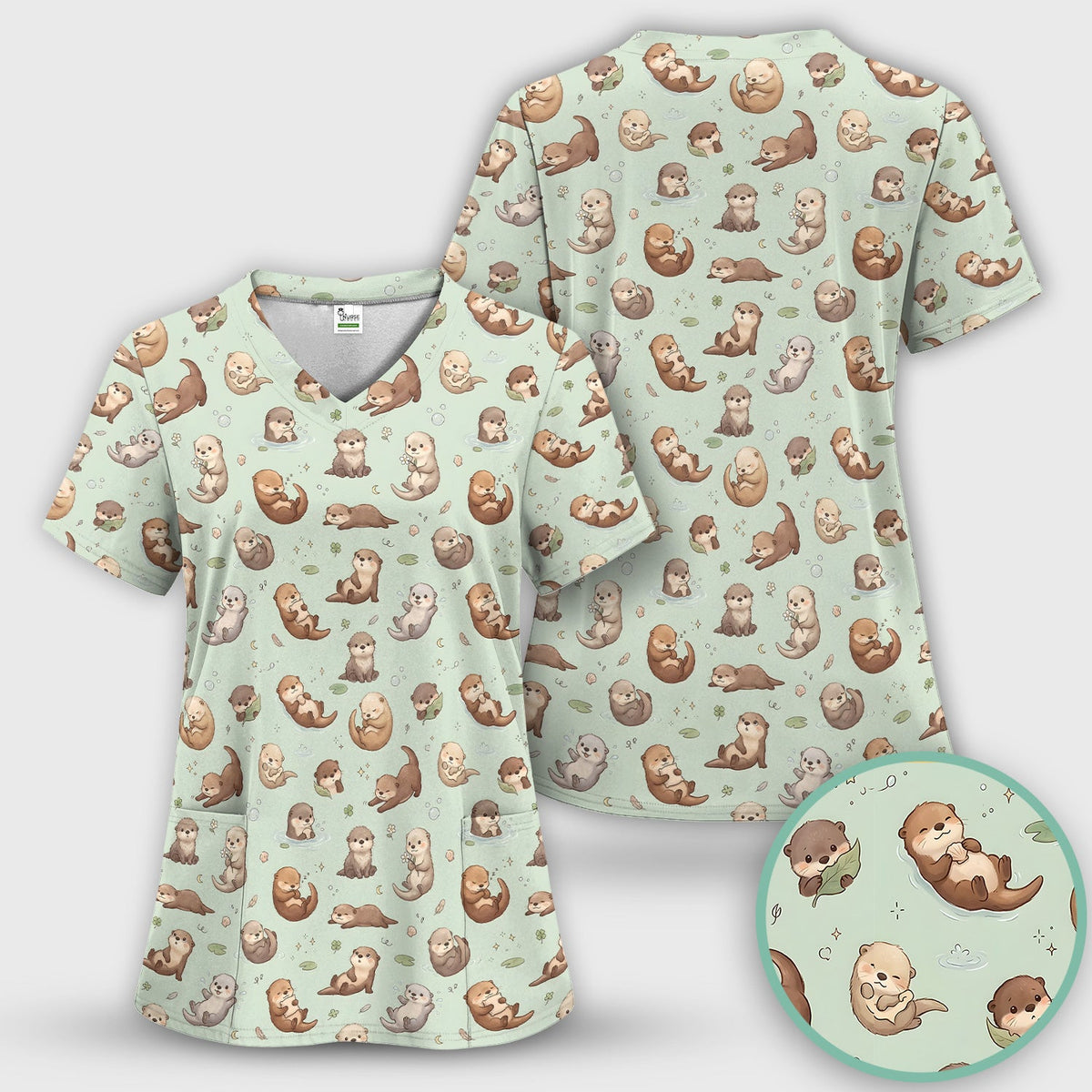 Cute Otter Pattern Scrub Top, Comfortable Scrubs for Nurses