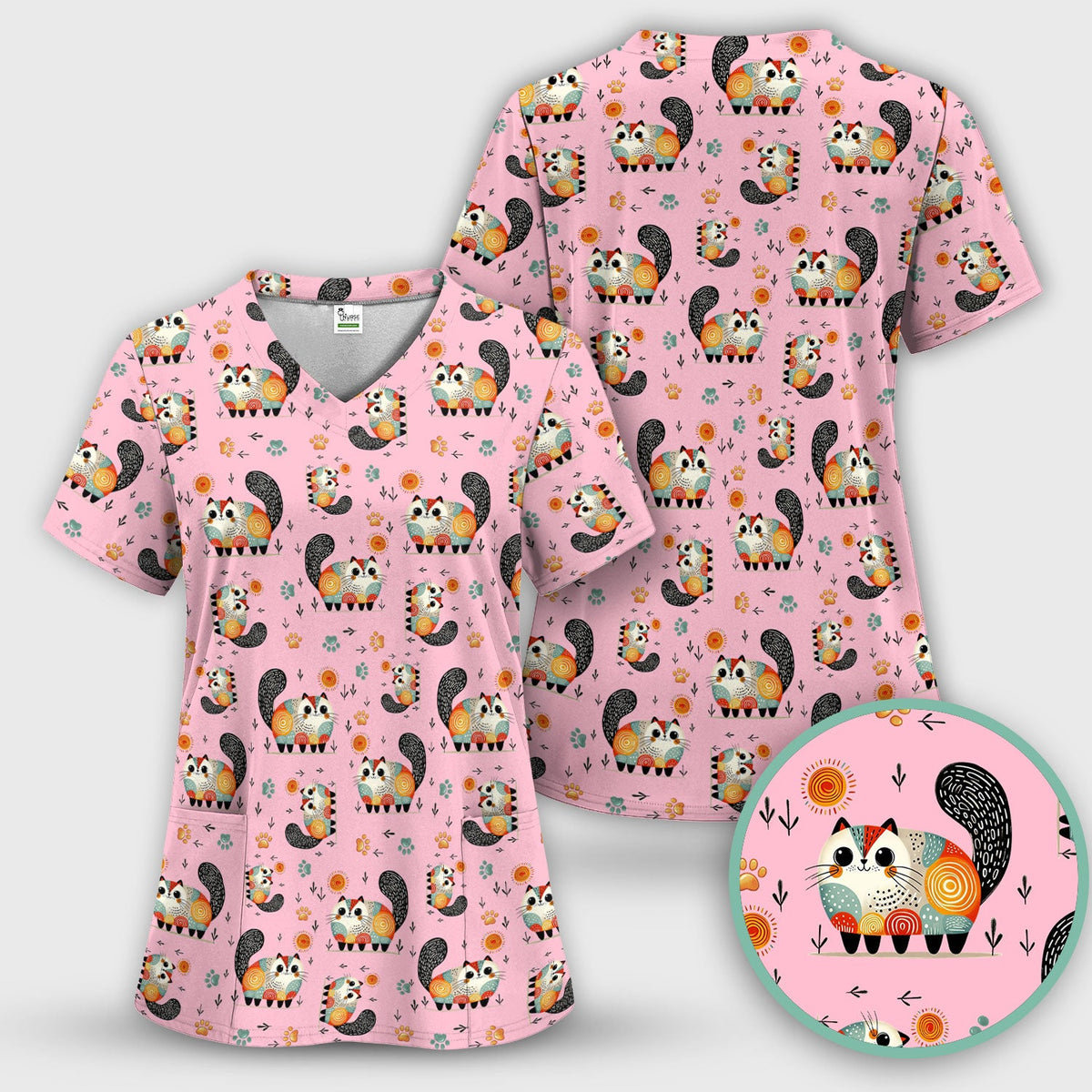 Cat Illustration Nurse Scrub Set