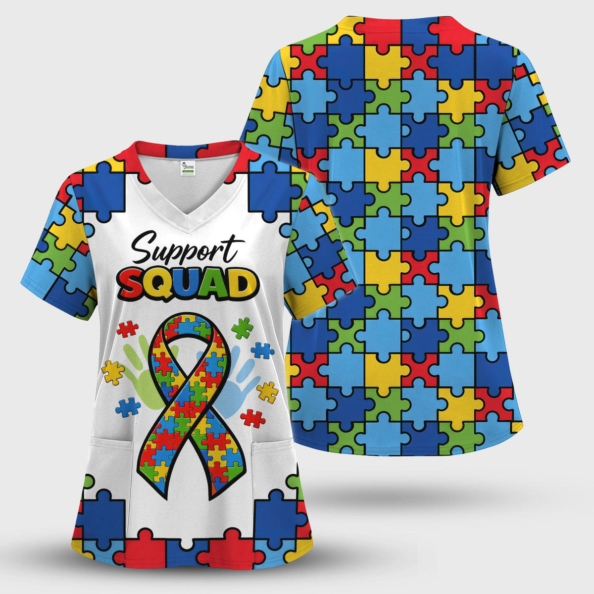 Autism Support Squad Puzzle Ribbon Nurse Scrub Top