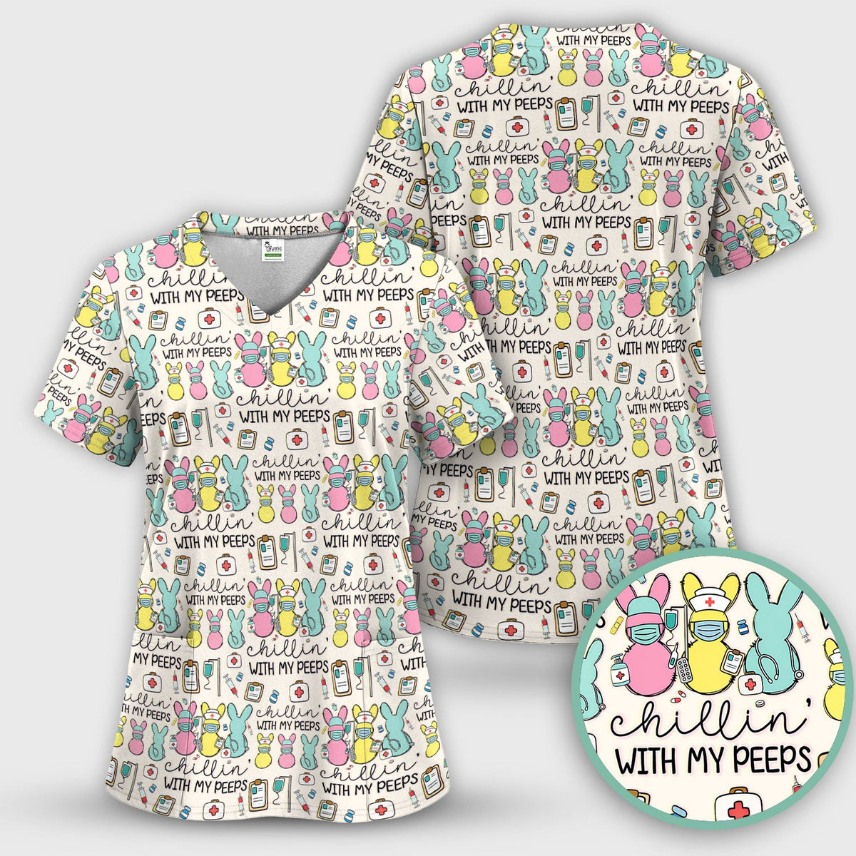 Bunny Nurse Chillin With My Peeps Scrub Top - Easter Gift