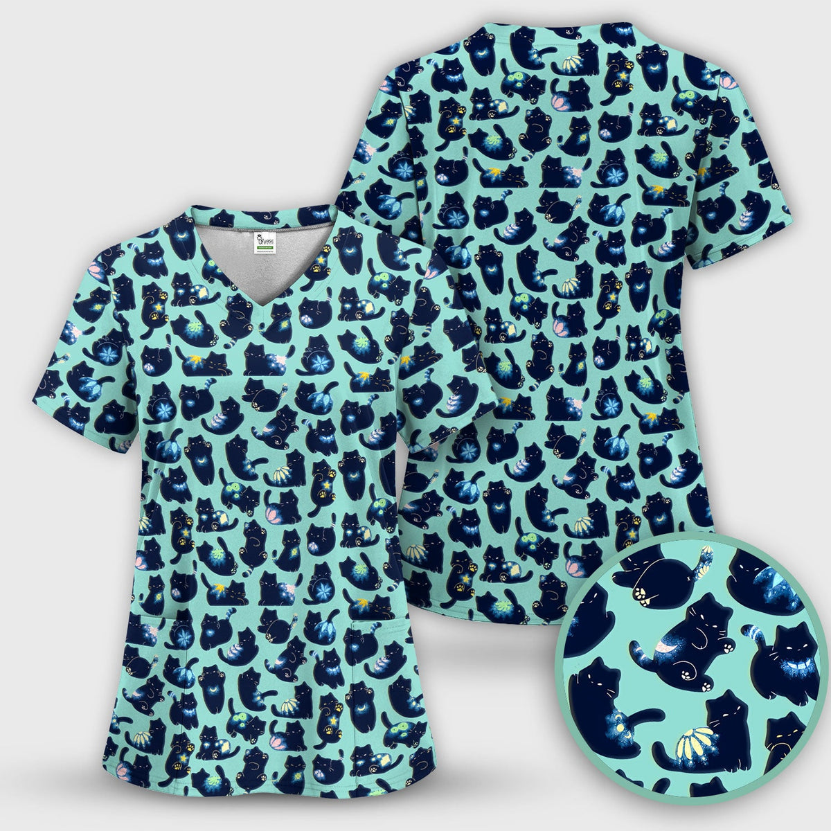 Midnight Black Cat Nurse Scrub Set