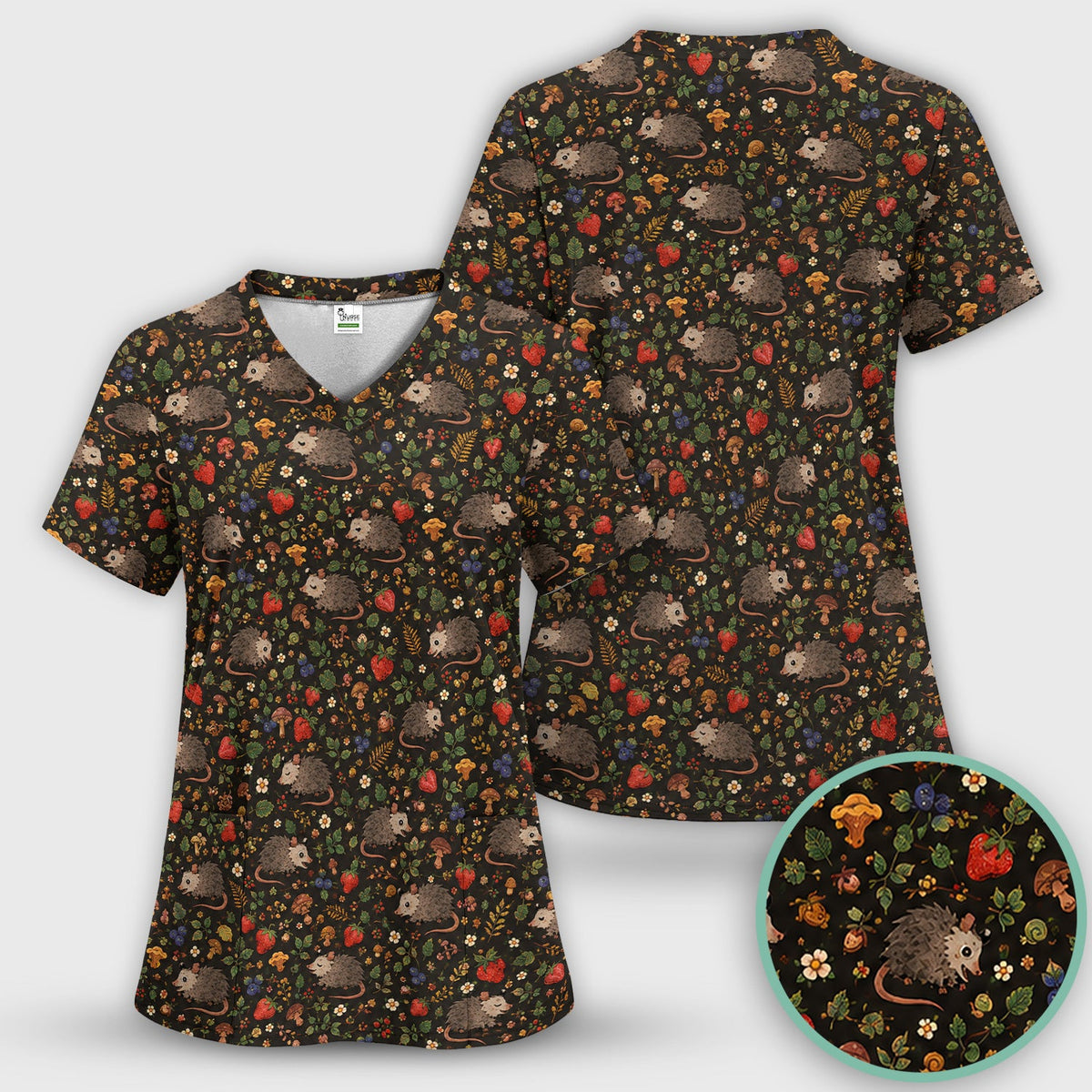 Woodland Opossum Berry Mushroom Nurse Scrub Top