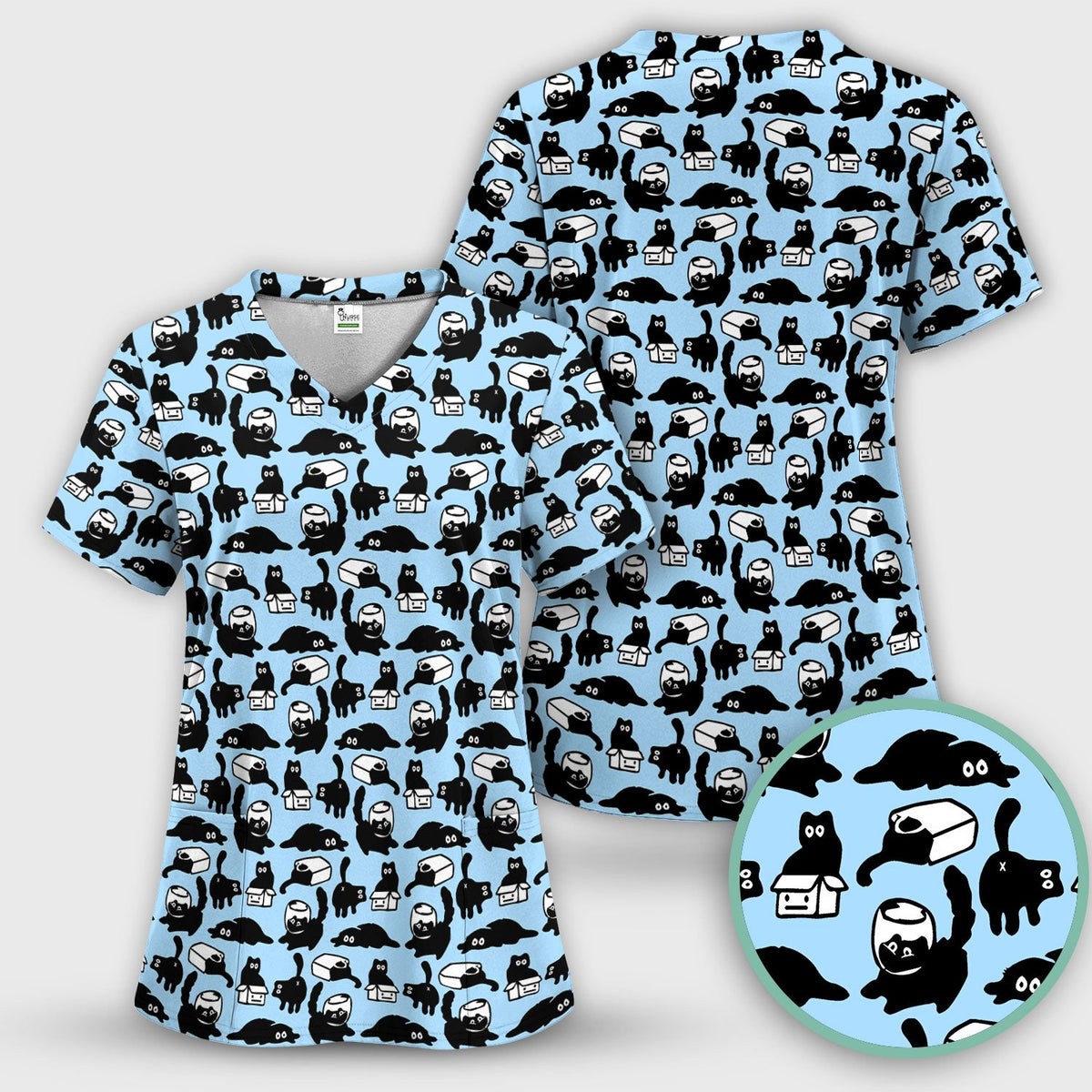 Dark Playful Cat Cartoon Pattern Scrub Set, Breathable Med Uniform