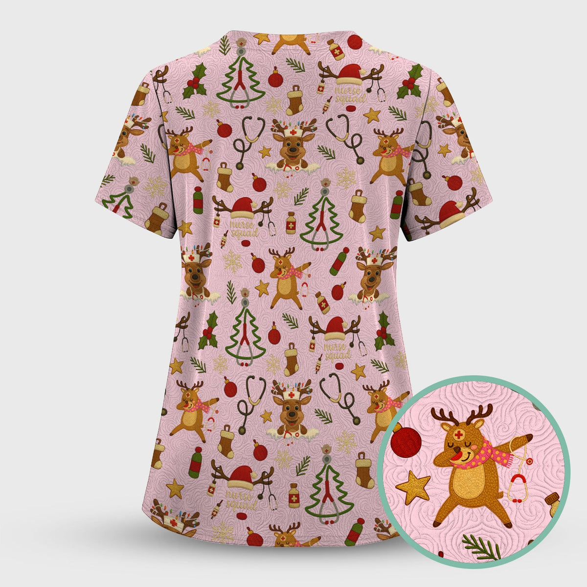 Christmas Reindeer Scrub Top - Cute Holiday Nurse Scrubs with Reindeer Print - Funny Xmas Medical Scrub Shirt Gift for Women CNA RN Doctor