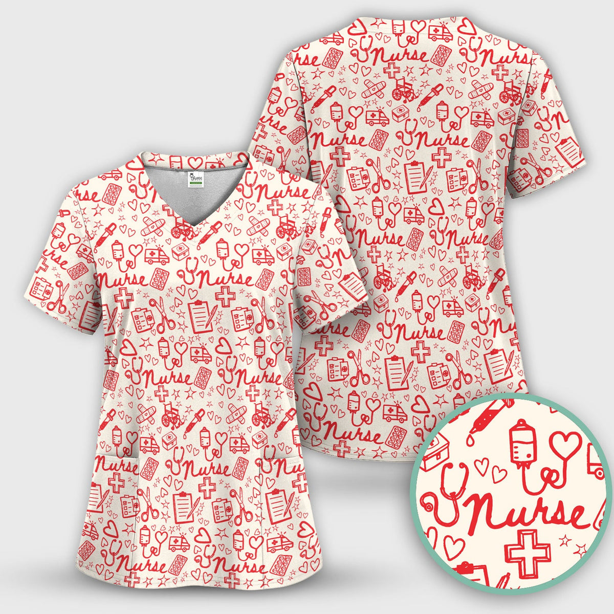 Cute Nurse Heart Medical Pattern Scrub Top, Comfortable Scrubs for Nurses