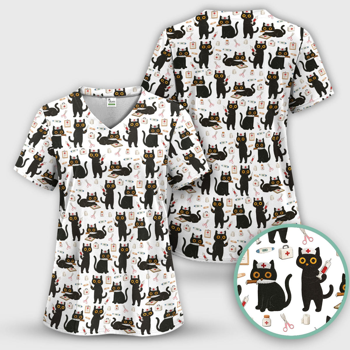 Cute Teal Black Cat Nurse Scrub Set