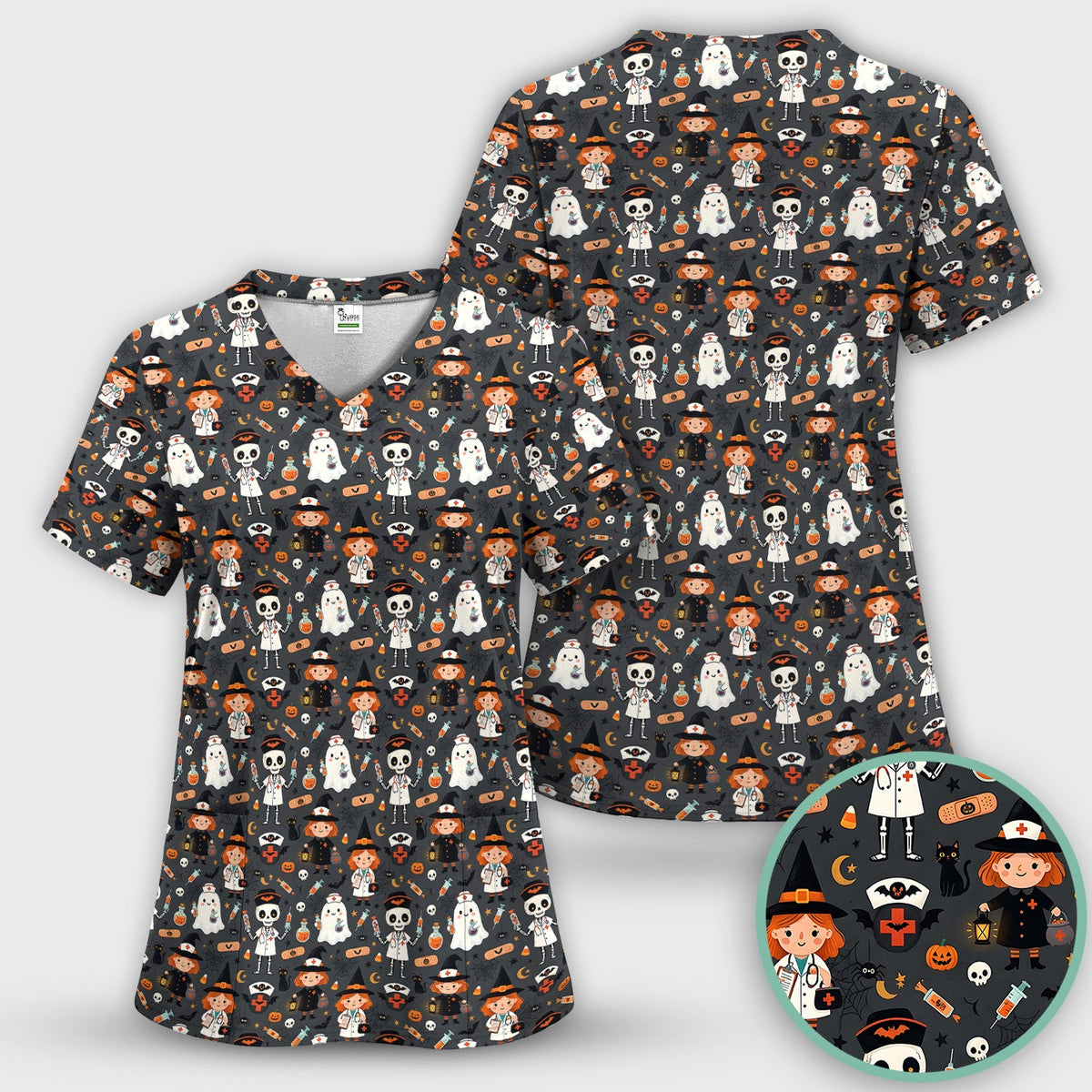Witch Skeleton Nurse Scrub Top - Halloween Gift