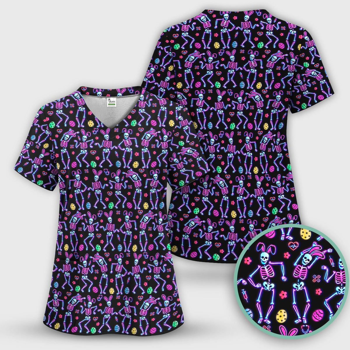 Neon Easter Skeleton Print Scrub Set, Scrub Pants and V Neck Top