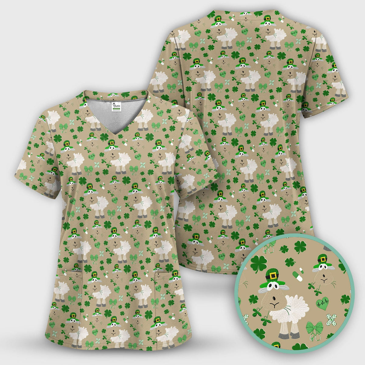 Nurse St. Patrick's Day Scrubs Top, Cute Sheep Shamrock Pattern Nurse Shirt, Breathable Fabrics Nursing Uniform