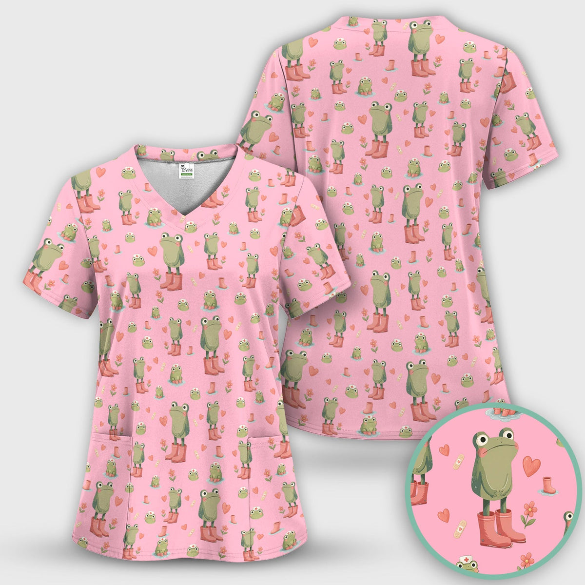Adorable Frog Boots Heart Nurse Scrub Set