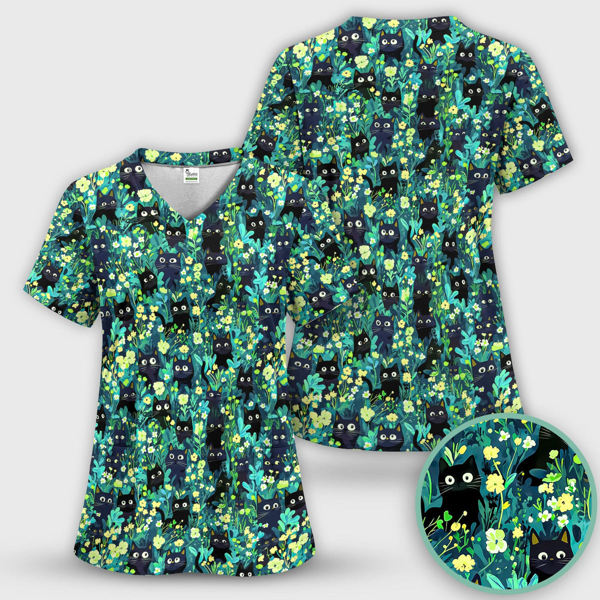 Black Cat Floral Nurse Scrub Top