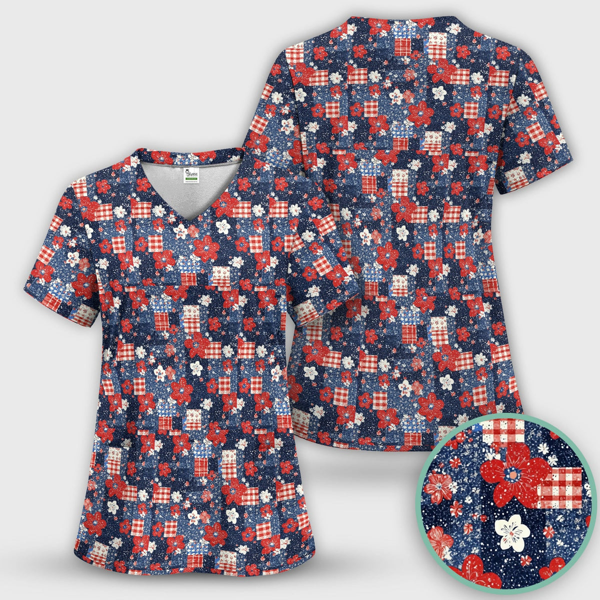 Patriotic Gingham Floral Patchwork Pattern Scrub Top, Comfortable Scrubs for Nurses