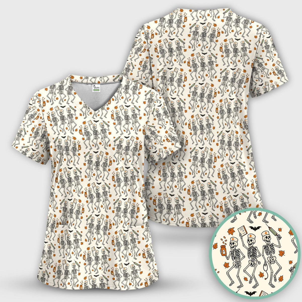 Skeleton Nurse Scrub Top - Halloween Gift