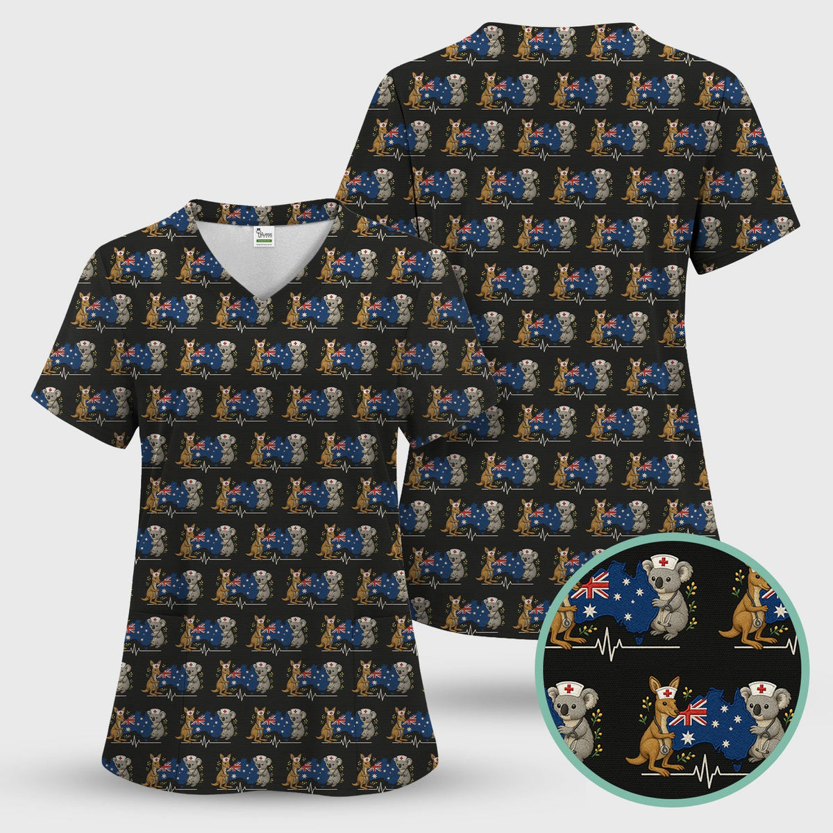 Australian Nurse Scrub Top, Cute Koala Kangaroo Heartbeat Pattern Shirt,  Breathable Fabrics Nursing Uniform